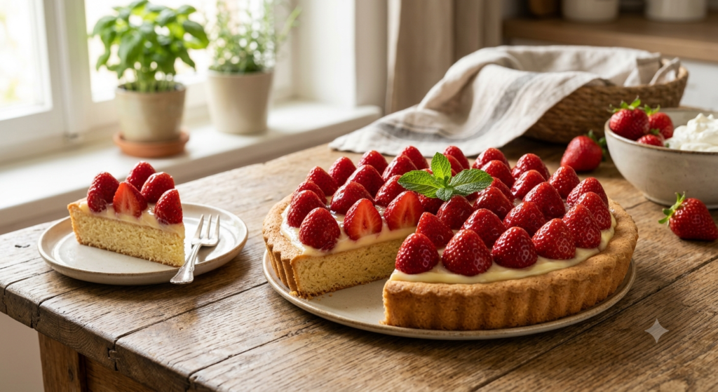 Saftiger Erdbeerboden mit Biskuitboden und Vanillepudding, serviert auf einem rustikalen Holztisch neben einem Stück Kuchen.
